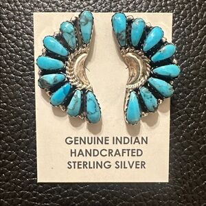 Navajo Justina Wilson Turquoise Crescent Half Cluster Sterling Silver Earrings
